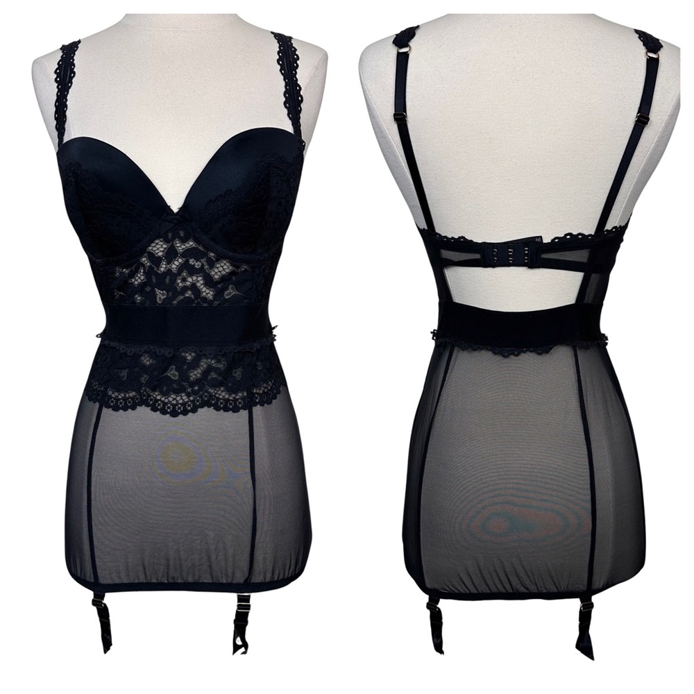 Victorias Secret 34D Black Lace Underwire Sexy Lingerie Teddy Garter Clip Dress - Picture 1 of 12